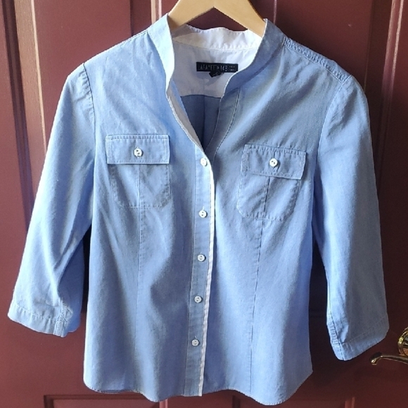 Lafayette 148 New York Tops - Lafayette 148 New York Blue Mandarin Collar Blouse